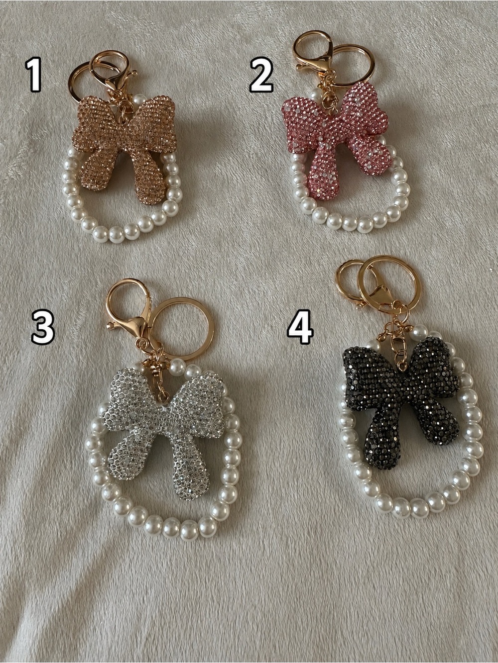 Pearl-Trim Bow Keychain Bag Charm - Pink, Gold, Silver, Black  (Pick One) - Picture 2 of 2